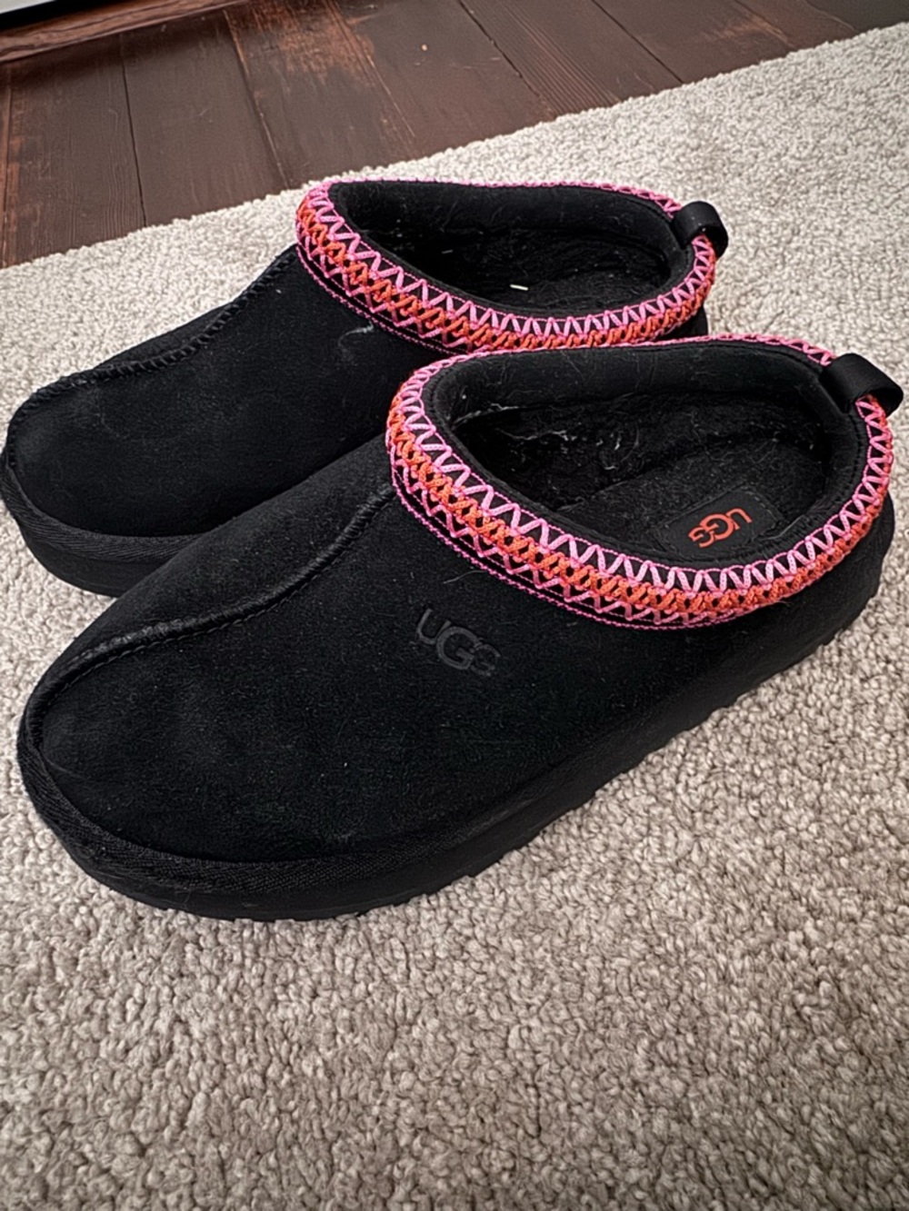 UGG Black Suede Slip-On Clog with Pink and Orange Trim